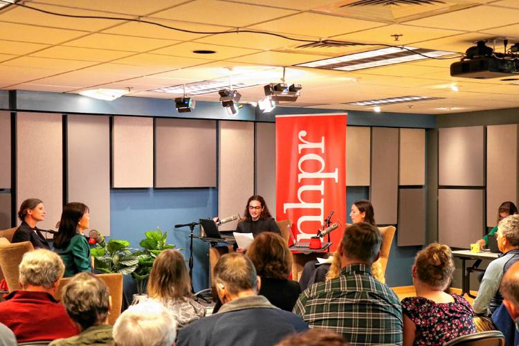 From left, N.H. Congressional District 2 candidates Lily Tang Williams and Maggie Goodlander answer questions during a debate moderated by NHPR reporter Mara Hoplamazian and Monitor reporter Michaela Towfighi.