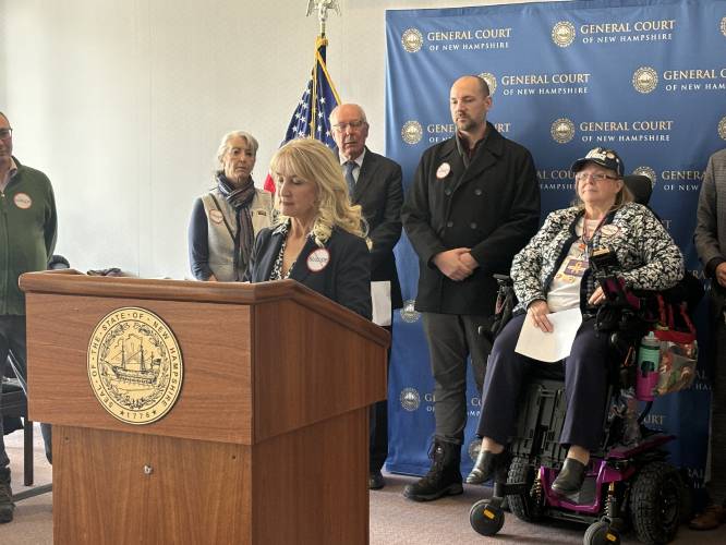 Lisa Beaudoin, founder of Strategies for Disability Equity speaks out against the end-of-life care options bill at a press conference on Wednesday