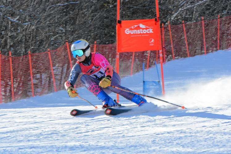 John Stark’s Austin Freeman competes in the giant slalom at the NHIAA Division III boys’ Alpine skiing championship at Gunstock on Tuesday. Freeman finished second in the GS and fifth in the slalom to qualify for the Meet of Champions in both events.