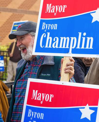 Mayoral candidate Byron Champlin at the Ward 5 polling place at Christa McAuliffe Elementary on Tuesday, November 7, 2023.