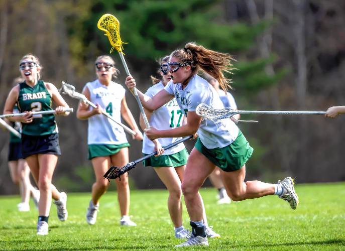 Hopkinton attacker Sydney Westover powers through to score a goal against Bishop Brady on Friday, May 3.