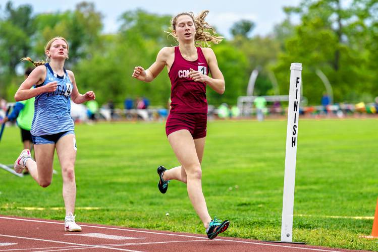 Concord’s Chloe Gudas crosses the finish line to win in the 800 meters at the Londonderry Invitational on Saturday. Gudas will compete at Saturday’s Division I championship for the Crimson Tide.