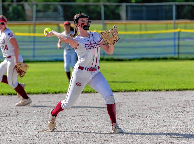 Concord senior Alison Dupuis makes a throw to first during the Tide's 1-0 loss to Portsmouth on Wednesday, May 29, 2024.