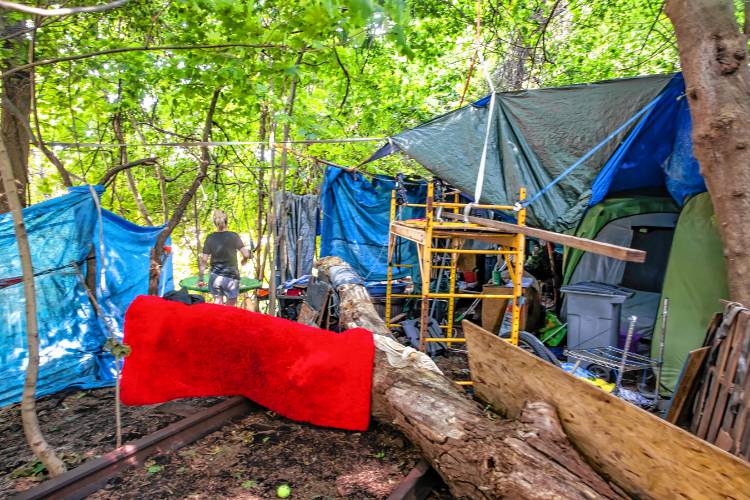 Melissa at her homeless camp on the railroad tracks in the back of Robin Bach’s home on North Main Street in Concord on Wednesday, July 10, 2024. Melissa read about how Bach’s children wouldn’t play in the backyard of their 19th-century Walker house in Concord.