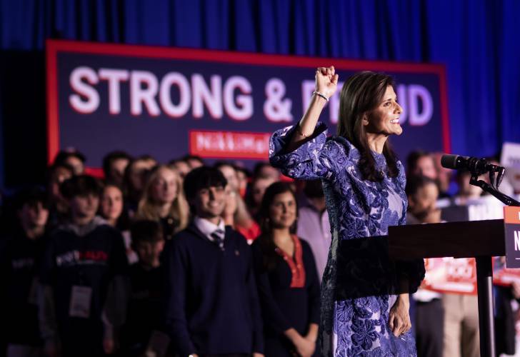 Former Gov. Nikki Haley reassured her supporters she is carrying on in the race against Donald Trump after coming in second in the New Hampshire Primary as she spoke at the Grappone Conference Center in Concord on Tuesday night, January 23, 2024.