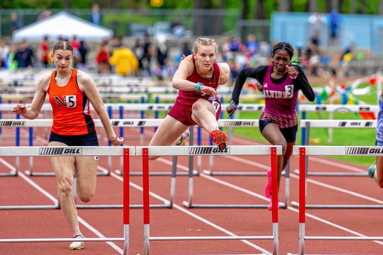 Concord’s Morgan Doherty races in the 100-meter hurdle finals at the Londonderry Invitational on Saturday. Doherty won the race and is the No. 2 seed for the 100 hurdles at the upcoming Division I championship.