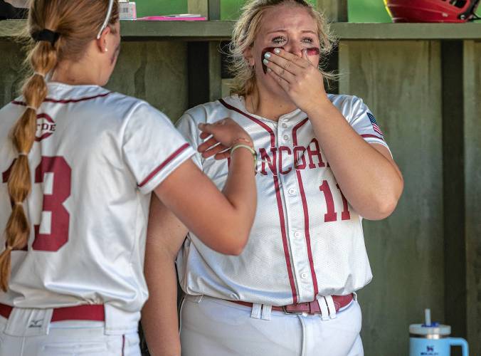 Concord freshman Maggie Taylor (13) approaches Maddy Wachter after the No. 3 Tide was upset by No. 14 Portsmouth in the first round of the D-I playoffs on Wednesday, May 29, 2024.