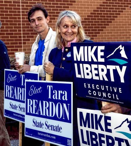 Candidate Tara Reardon stands outside the Ward 5 voting place on Tuesday monring, September 10, 2024. Reardon is running for the State Senate District 15 seat.