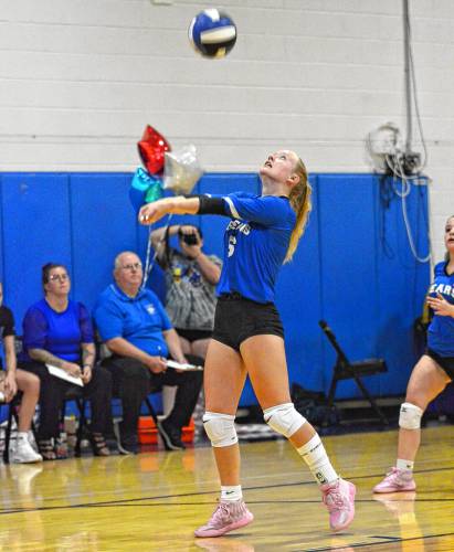 Winnisquam's Caidyn Carter prepares to dig the ball during a volleyball match against Hanover on Wednesday. Winnisquam defeated Hanover, 3-2. Winnisquam's Caidyn Carter prepares to dig the ball during a volleyball match against Hanover on Wednesday. Winnisquam defeated Hanover, 3-2.