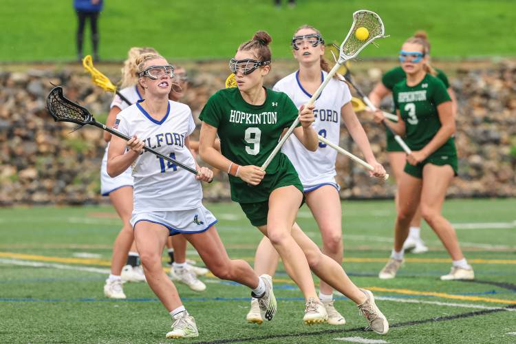 Junior Maeve Owens (9), one of Hopkinton’s top threats on offense, scored one of the Hawks’ two goals against Gilford.