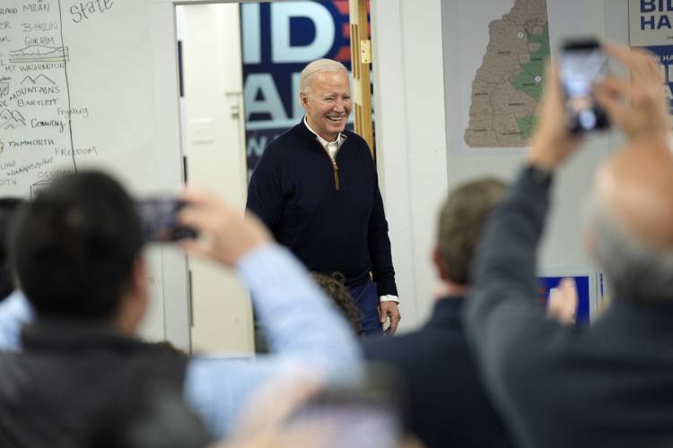 President Joe Biden arrives at a visit to a campaign field office, Monday, March 11, 2024, in Manchester, N.H. (AP Photo/Evan Vucci) 