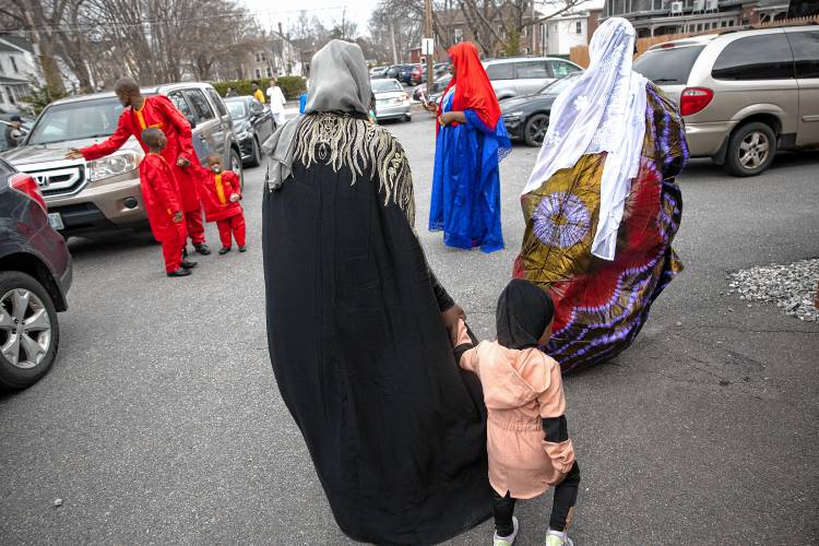 Worshipers leave the IQRA Islamic Society of Greater Concord after the Eid al-Fitr celebrated the end of the holy month of Ramadan on Wednesday, April 10, 2024.