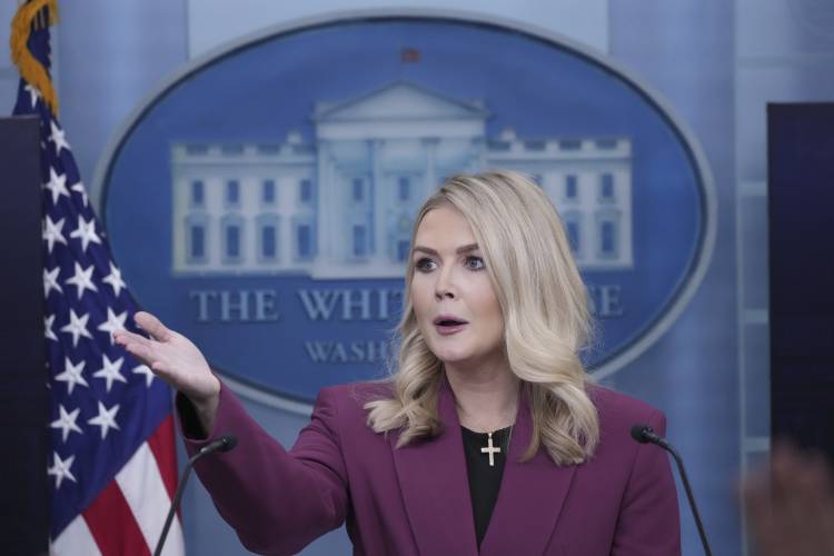 White House press secretary Karoline Leavitt speaks with reporters in the James Brady Press Briefing Room at the White House, Tuesday, Jan. 28, 2025, in Washington. (AP Photo/Alex Brandon)