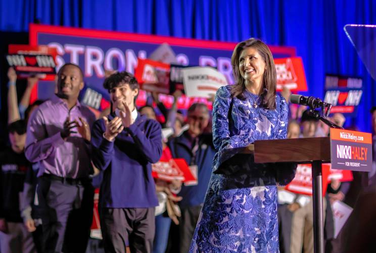 Former Gov. Nikki Haley reassured her supporters she is carrying on in the race against Donald Trump after coming in second in the New Hampshire Primary as she spoke at the Grappone Conference Center in Concord on Tuesday night, January 23, 2024.