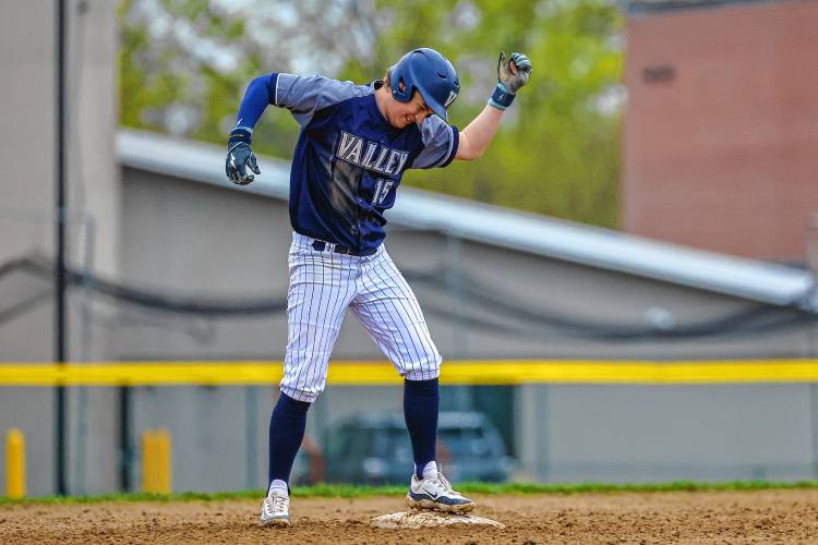 MV junior Landon Abbott celebrates at second base after his RBI double to center gave the Pride a 13-7 lead in the top of the seventh inning against Pembroke on Thursday, May 2, 2024. MV won 14-9.
