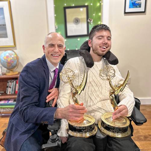 Samuel and Dan Habib with their Emmy awards.