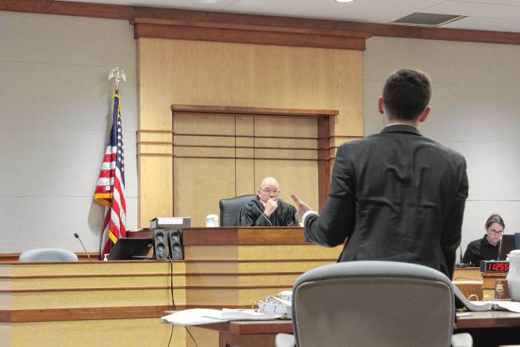 Andy Sanborn's attorney Adam Katz argues to Merrimack County Superior Court Judge John Kissinger Tuesday over a search warrant that was executed by the New Hampshire Attorney General's Office.