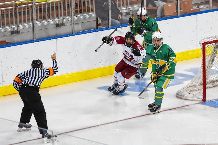Concord senior forward Rowan Arndt reacts after his goal gave the Crimson Tide the win in the longest championship game in NHIAA hockey history. Concord won 2-1 in four overtimes.