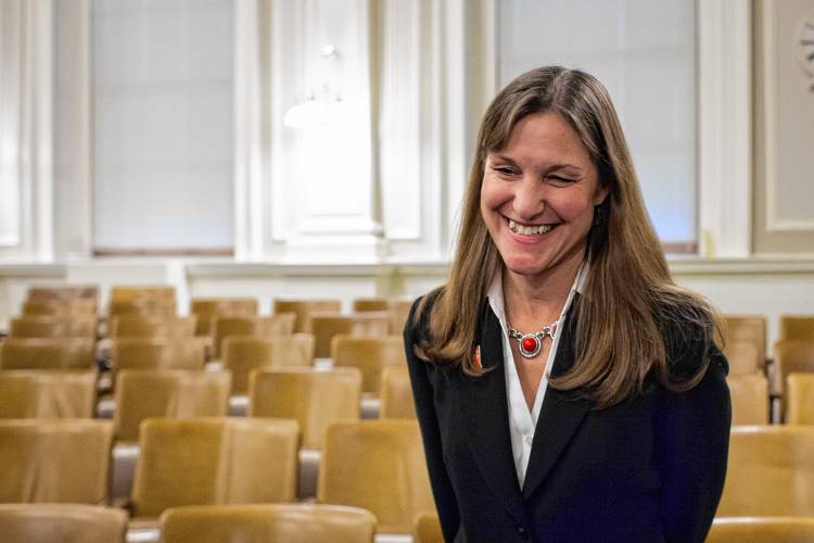 Rep. Laurie Sanborn talks to members of the press following a closed-door Republican caucus to choose a nominee for House Speaker at the State House in Concord on Tuesday, Nov. 28, 2017. Sanborn was in the running for the position but lost the vote to Deputy Speaker Rep. Gene Chandler. (ELIZABETH FRANTZ / Monitor staff)