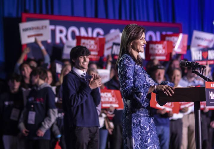 Former Gov. Nikki Haley reassured her supporters she is carrying on in the race against Donald Trump after coming in second in the New Hampshire Primary as she spoke at the Grappone Conference Center in Concord on Tuesday night, January 23, 2024.