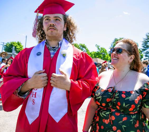 Jillian Fox and her son, Alexavier Hildreth, after the Concord High School graduation at Memorial Field in Concord on Saturday, June 15, 2024.