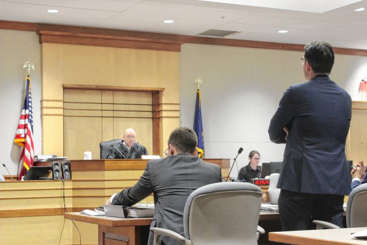 Merrimack County Superior Court Judge John Kissinger listens to arguments made by Andy Sanborn's attorney Zach Hafer during a hearing on Tuesday.