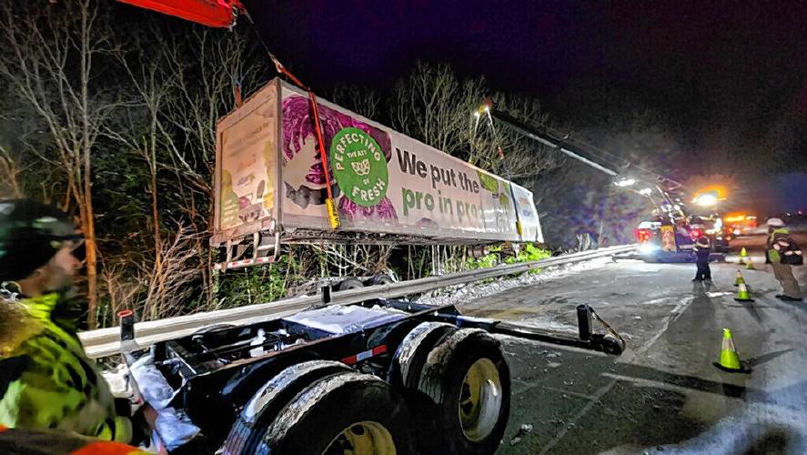 Investigators say a 2022 white Freightliner Cascadia hit a guardrail and then veered off I-89 in Warner late Saturday. The driver was removed from the truck with minor injuries.