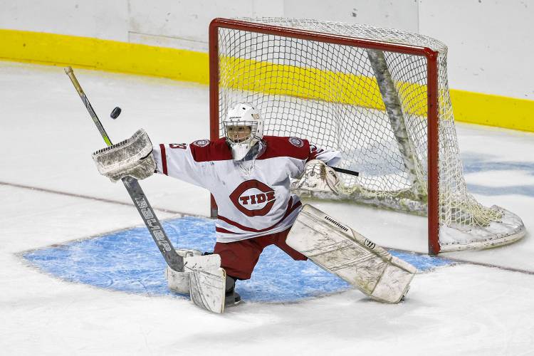 Concord goalie Carter Heise makes a save during the Division I hockey championship game against Bishop Guertin on Saturday.