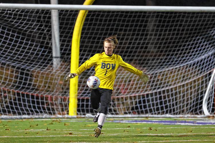 Bow goalkeeper Aaron Barrieau punts the ball away during the 2023 D-II championship game against Lebanon at Stellos Stadium in Nashua. Nov. 3, 2023.