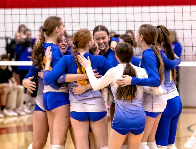 Concord Christian begin the celebration over Trinity at the Division III semifinal match at Laconia High School on Thursday. The Kingsmen swept Trinity and are heading to the finals on Saturday.