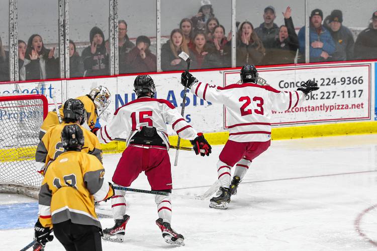 Junior forward Chad LaRiviere (23) scores Concord’s second goal of the night during the first power play of the game in the second period.