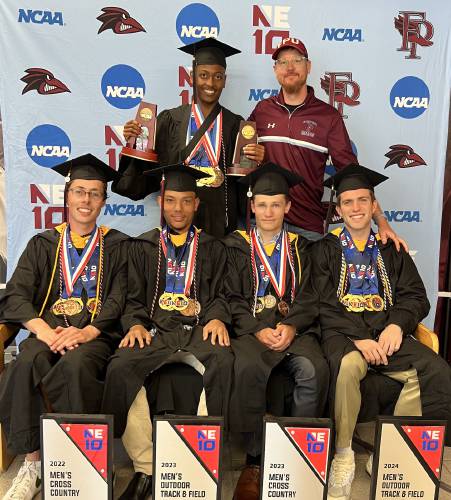 Zach Emerson alongside Franklin Pierce University student-athletes, Wondu Summa (standing), front (L to R) — Ryan Walker, Ryan Outerbridge, Tad Darrah and Evan McNeice, who took multiple conference titles and made NCAA team appearances together in their time at Rindge.