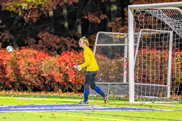 Bow goalie Aaron Barrieau reacts after making a save in penalty kicks in the Division II boys’ soccer semifinal on Tuesday at Stellos Stadium in Nashua. The match was scoreless after 110 minutes, but Bow prevailed in the shootout, 3-1, to advance to the D-II championship.