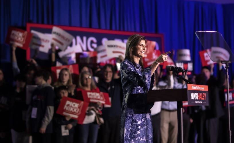 Former Gov. Nikki Haley reassured her supporters she is carrying on in the race against Donald Trump after coming in second in the New Hampshire Primary as she spoke at the Grappone Conference Center in Concord on Tuesday night, January 23, 2024.