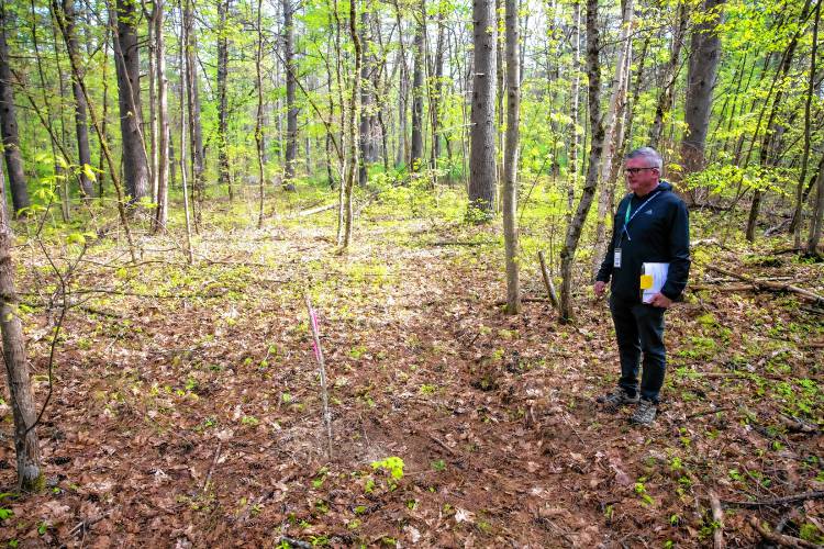 Director of Facilities & Planning  for the Concord School District Matt Cashman inspects one of the boring holes that were dug on the new middle school site near the Broken Ground School on Tuesday, May 14, 2024.