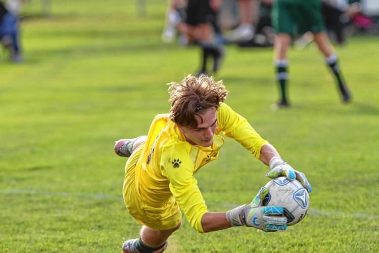 Hopkinton goalkeeper Colby Boissy, shown during an October 2022 contest, was part of a capital-area goalkeeping duo for the New Hampshire Lions Cup team on Saturday.
