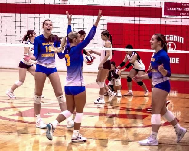 Concord Christian begin the celebration over Trinity at the Division III semifinal match at Laconia High School on Thursday. The Kingsmen swept Trinity and are heading to the finals on Saturday.