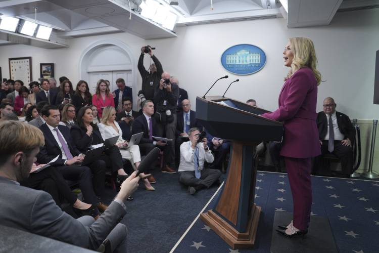 White House press secretary Karoline Leavitt speaks during a briefing at the White House, Tuesday, Jan. 28, 2025, in Washington. (AP Photo/Evan Vucci)