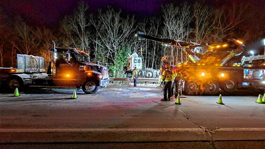 Investigators say a 2022 white Freightliner Cascadia hit a guardrail and then veered off I-89 in Warner late Saturday. The driver was removed from the truck with minor injuries.