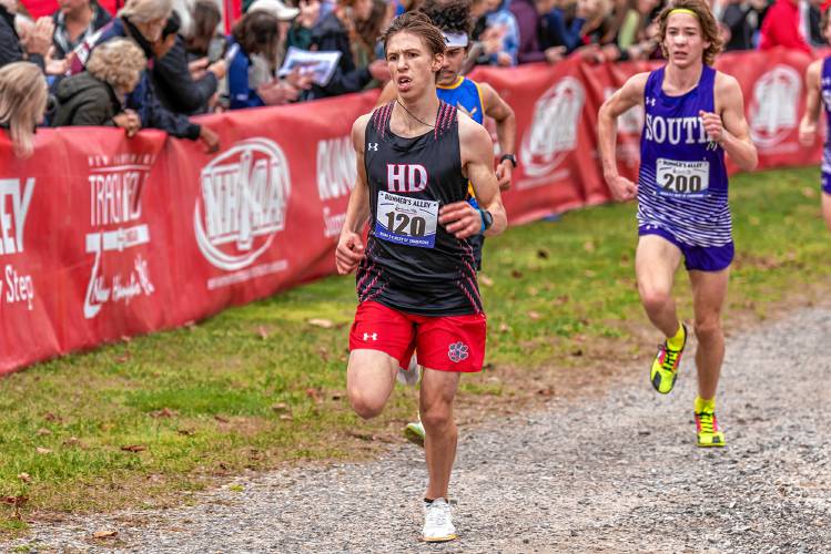 Hillsboro-Deering’s Elijah Bodanza races to the finish line at the cross country Meet of Champions on Saturday at Alvirne High School. Bodanza finished 11th to qualify for New Englands.