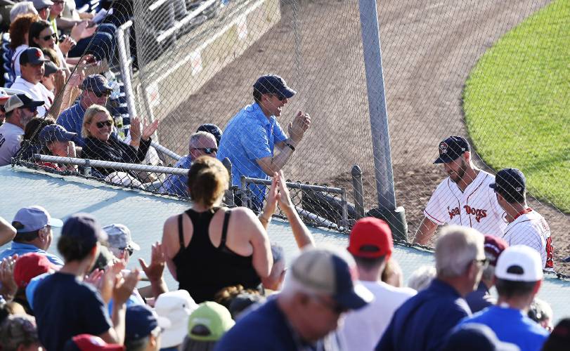 Boston Red Sox's Chris Sale is cheered on by Portland Sea Dogs fans after getting out of the third inning during the team's baseball game against the New Hampshire Fisher Cats on Thursday, June 30, 2022, in Portland, Maine. (Shawn Patrick Ouellette/Portland Press Herald via AP)