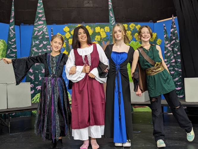 Damsels (from left) Lucinda Snyder, as Winifred the Witch, Sylvia LeBlanc, as Isadora abandoned in the woods, Gwenna Carroll, as Beatrice, a sleepwalking Lady in Waiting for Something, Lillie Walsh, as Talia the Masked Maven.