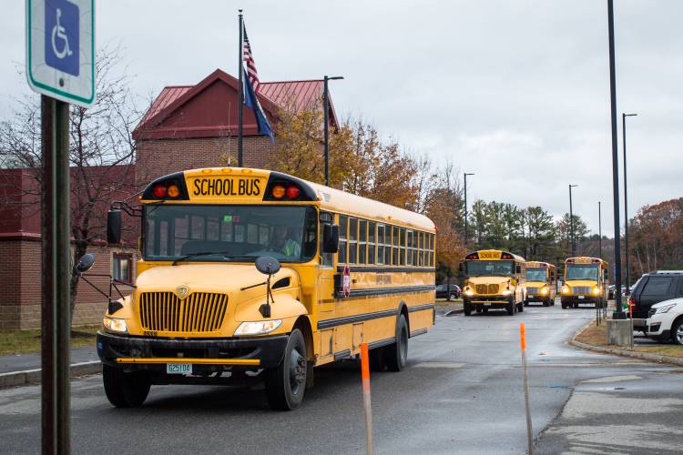 Shaker Regional School District buses leave Belmont High School after dismissal from school on Wednesday, Nov. 16, 2016. (ELIZABETH FRANTZ / Monitor staff) Shaker Regional School District buses leave Belmont High School after dismissal from school on Wednesday, Nov. 16, 2016. (ELIZABETH FRANTZ / Monitor staff)