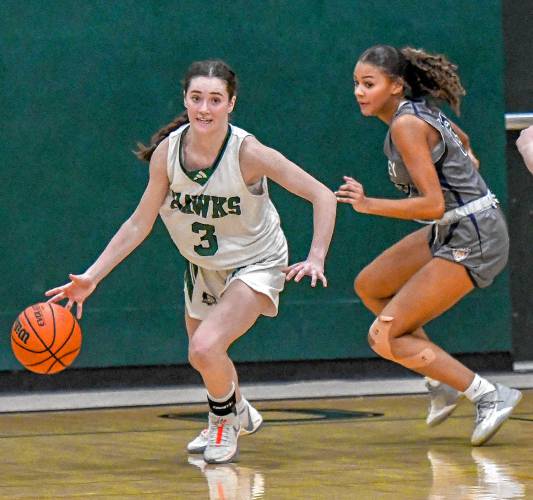 Hopkinton’s Shaylee Murdough (left) drives past Merrimack Valley’s Jada Lucas during a Capital Classic tournament game on Dec. 27. Murdough, Hopkinton’s leading scorer, is averaging over 12 points a game, and scored a game-high 17 points in her team’s 44-40 overtime victory over Kearsarge on Friday. Hopkinton is currently on top of the Division III standings with a 7-0 record. Hopkinton’s Shaylee Murdough (left) drives past Merrimack Valley’s Jada Lucas during a Capital Classic tournament game on Dec. 27. Murdough, Hopkinton’s leading scorer, is averaging over 12 points a game, and scored a game-high 17 points in her team’s 44-40 overtime victory over Kearsarge on Friday. Hopkinton is currently on top of the Division III standings with a 7-0 record.