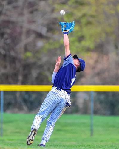 MV's Cam Chevarie reaches back for a difficult catch during the Pride's 14-9 win over Pembroke on Thursday, May 2, 2024. Chevarie was also 2-for-3 at the plate with three runs scored.