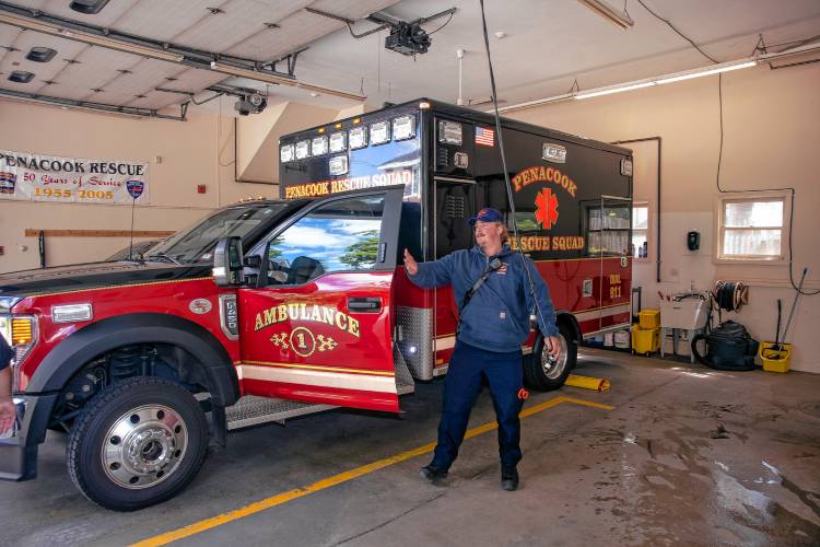 EMT Owen Pelletier listens to a call at the Penacook Rescue station in Boscawen on Aug. 30. Salisbury officials say the town is paying more than its share in an EMS services agreement with Boscawen and Canterbury based on call volume.