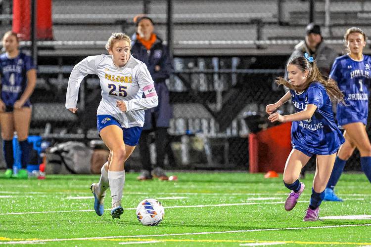 Bow midfielder Lexi Insana looks to pass to a teammate up the field during the Division II girls’ soccer championship on Nov. 8 at Bill Ball Stadium in Exeter. Insana was named to the Division II All-State First Team and the Lions Cup senior all-star roster.