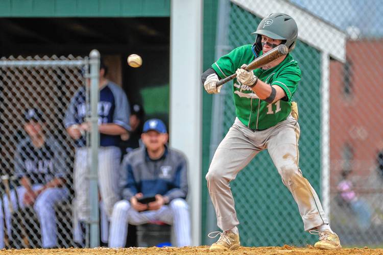 Pembroke's Cam Plumb tries to lay down a bunt in the Spartans' 14-9 loss against MV on Thursday, May 2, 2024.