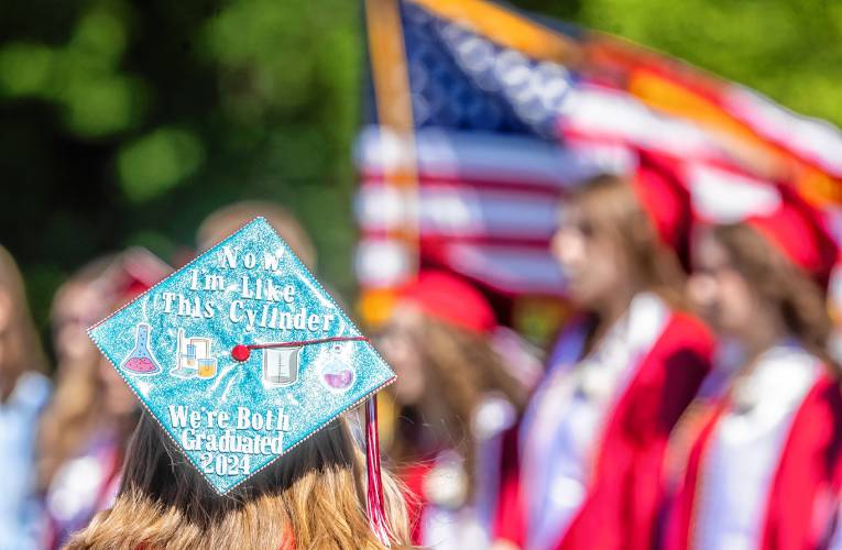 One of the many decorated caps at the Concord High School graduation on Saturday, June 15, 2024.