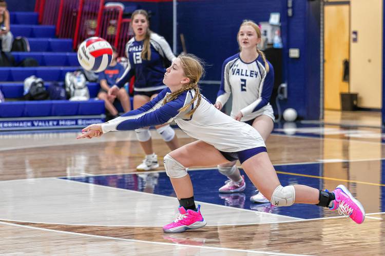 Merrimack Valley’s Aubrie Austin (4) sets the ball for a teammate in the first game of the Pride’s home opener against Kingswood on Friday.